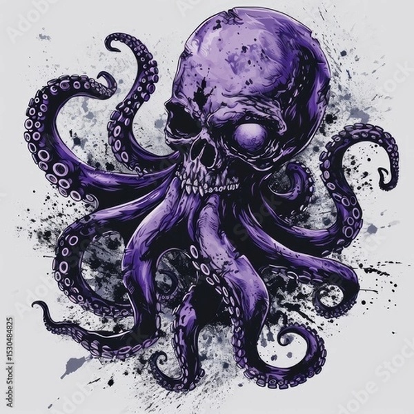 Fototapeta Stylized illustration a purple octopus with a skull for a head against a splattered background.