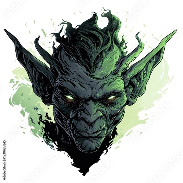 Fototapeta Close up portrait of a fictional green goblin with intense glowing eyes and large pointed ears on white background
