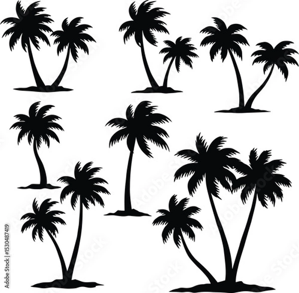 Fototapeta coastal palm tree bundle silhouettes with windblown fronds design