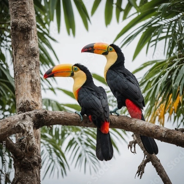 Fototapeta A pair of toucans on tropical branches, clear with white background