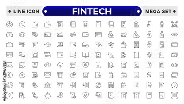Fototapeta Fintech outline Icons set. Containing Financial, Digital Native, Cloud Tech, Cashless Payment, Digital Economy, Mobile Payments and more.