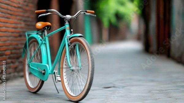 Fototapeta A charming vintage bicycle with a teal frame rests on a cobblestone street, evoking nostalgia for leisurely days and the joy of exploration in urban settings.