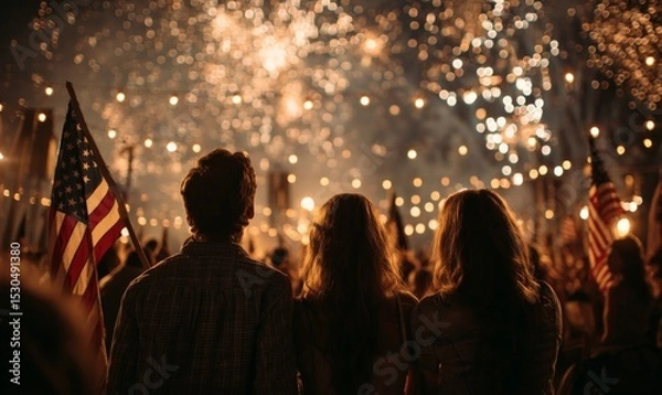 Fototapeta A crowd watches fireworks and holds American flags at a nighttime celebration.