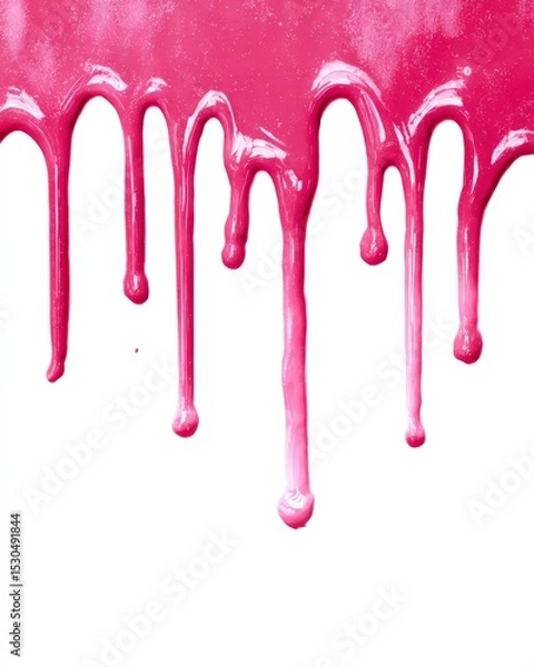 Fototapeta Bright pink paint dripping down against a white background.