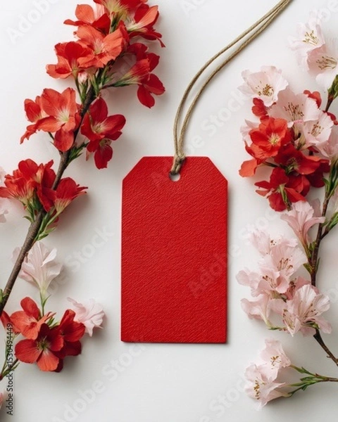 Fototapeta A red blank shopping tag with a string is surrounded by red and pink flowers on a white background.