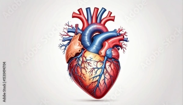 Fototapeta Detailed Illustration of a Human Heart with Arteries and Veins on White Background