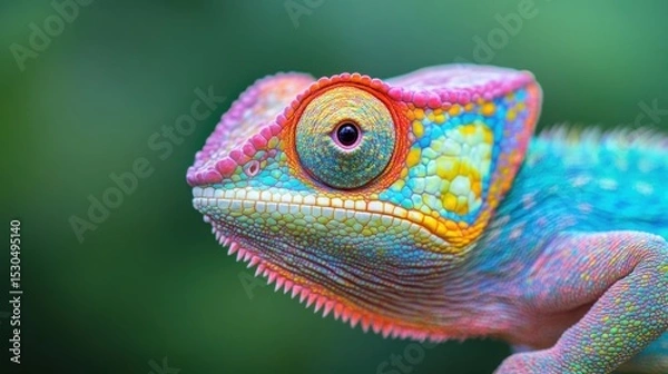 Fototapeta A close-up of a colorful chameleon showing vibrant scales and a detailed eye against a blurred green background.