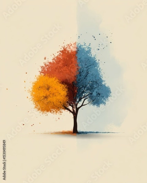 Fototapeta A surreal image of a tree divided into two halves, with one side showing red and orange leaves and the other side blue leaves, set against a simple background.