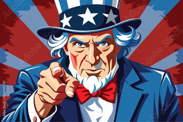 Fototapeta A bold, cartoonish illustration of Uncle Sam, wearing his iconic top hat and suit, directs a direct and intense gaze directly at the viewer, pointing a finger.