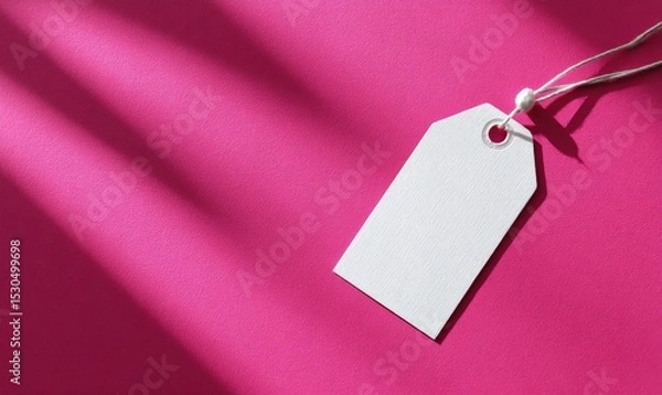 Fototapeta A white blank price tag with a string lies on a bright pink background with light shadows.