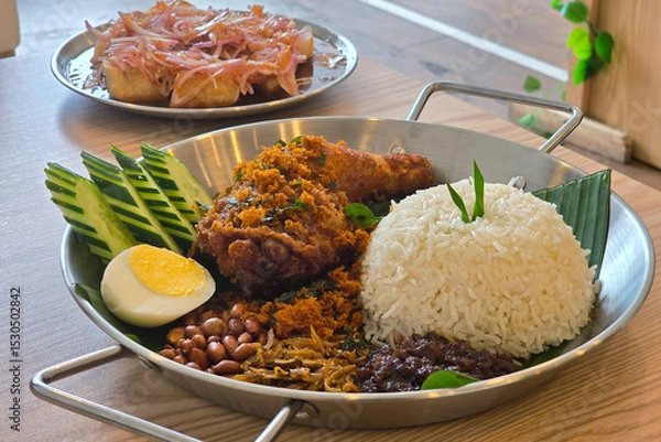Fototapeta Nasi Lemak with Fried Chicken and Condiments on Wooden Table