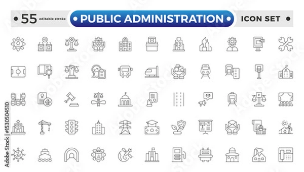 Fototapeta Public Administration outline icons. Minimalist thin linear web icon set. Line icons related to public utilities. Gas, electricity, water, heating. Editable stroke outline icon.

