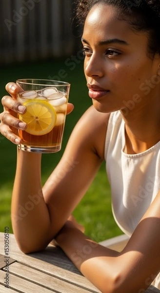 Fototapeta Refreshing iced tea with lemon: A portrait of summer relaxation and enjoyment.