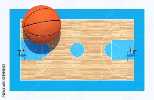 Fototapeta ballon de basket géant posé sur un terrain de basket ball vu du dessus - rendu 3D