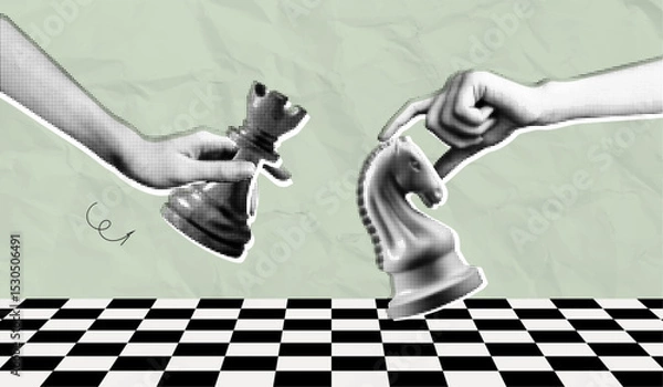 Fototapeta Trendy Halftone Collage Hands hold chess pieces. Abstract chessman. Game strategy. Strategic leader. Challenge your opponent. Paper texture. Contemporary vector illustration art