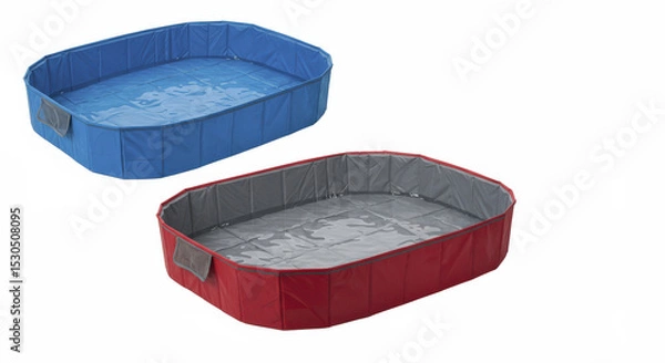 Fototapeta Two Foldable Bath Pools in Blue and Red with Water on White