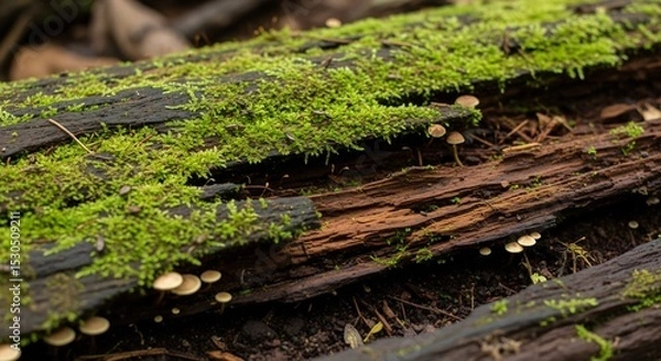 Fototapeta Rotten Log Covered in Moss and Small Mushrooms, a Decomposition Nature Scene