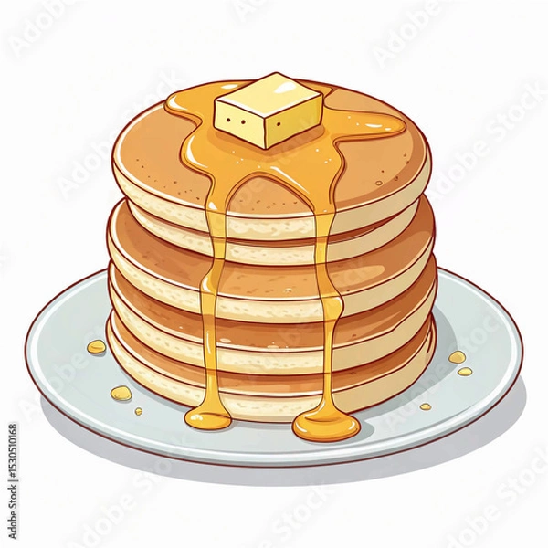 Obraz Stack of golden pancakes with melting butter and dripping syrup on white plate flat style vector illustration