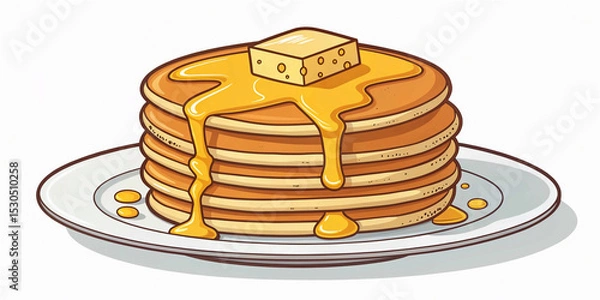 Obraz Stack of golden pancakes with melting butter and dripping syrup on white plate flat style vector illustration