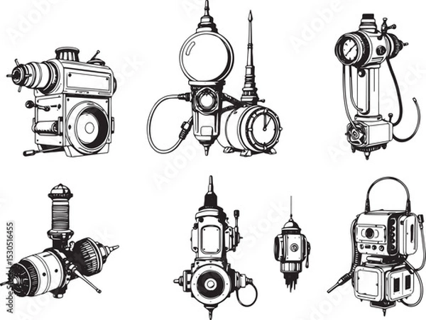 Obraz Mechanism set, retro, vintage, steampunk, cyberpunk, decorative elements. Ideal design for social media, cover, banner, flyer, music, ads.