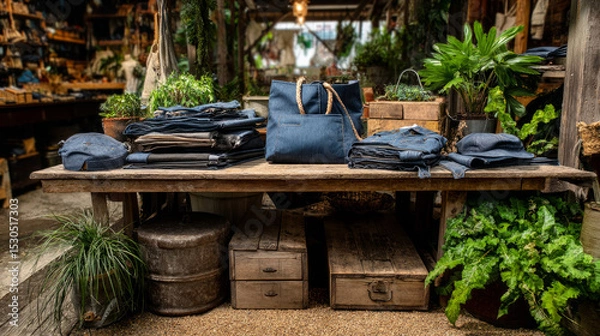 Obraz Linen cotton tote bag on green background of trees bushes foliage. Eco-friendly style. Recycling concept for environmental protection. Template for artwork text. Japanese