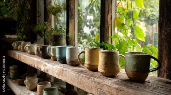 Obraz Handmade eco-friendly pottery cups on a wooden shelf with a rustic kitchen backdrop and a window revealing a green garden