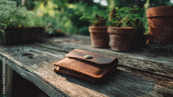 Obraz Handmade eco-friendly leather wallet placed on a rustic wood table with natural light, greenery in the background.