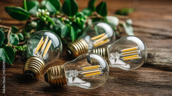 Obraz Eco-friendly LED light bulbs arranged on a wooden surface, with greenery and natural wood textures in the background