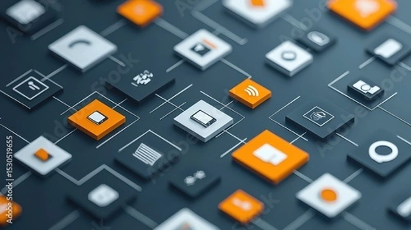 Fototapeta A minimalist and modern composition of abstract geometric shapes in shades of orange and gray creating a technological and conceptual visual design