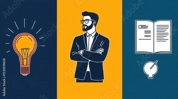 Fototapeta A well dressed focused businessman standing with arms crossed surrounded by symbols of innovation education and strategic planning