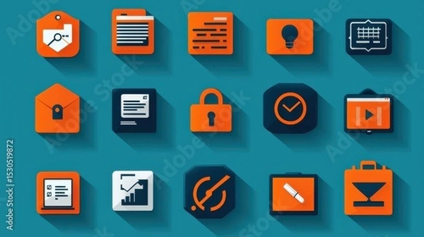 Obraz A set of colorful flat design icons representing various business and office technology tools and applications including analytics security documents presentations and more