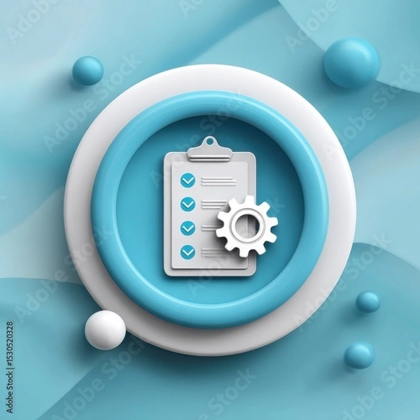 Fototapeta A minimalist design showcasing a checklist clipboard with a gear icon symbolizing the optimization and management of processes and strategies for business success