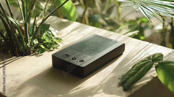 Fototapeta A sleek modern solar-powered portable charger with a minimalist design, placed on a table with greenery and sunlight filtering through leaves