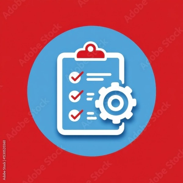 Fototapeta Minimalist icon design featuring a clipboard with a checklist and gear symbolizing tools for organizing tasks workflows and improving productivity in business and office settings