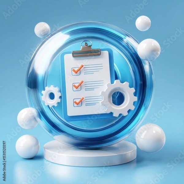 Fototapeta A transparent glass sphere containing a checklist or survey form reflecting a blue sky with white spheres symbolizing the importance of data analysis evaluation