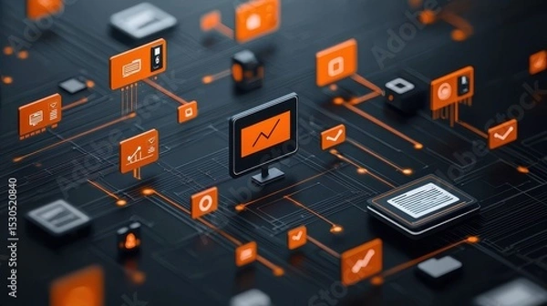 Fototapeta Abstract digital technology communication network with various electronic devices and icons representing the interconnected nature of modern digital infrastructure
