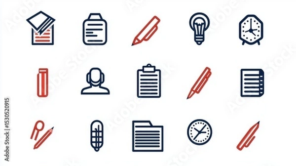 Fototapeta A collection of icons depicting various office and business related elements such as documents writing tools schedules and task management tools