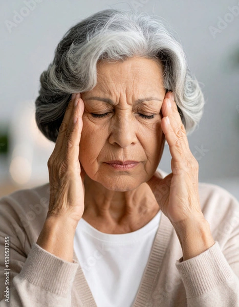 Fototapeta An elderly woman with gray hair closes her eyes and presses her temples with both hands, appearing to suffer from a headache or intense stress.