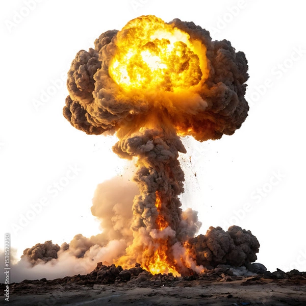 Fototapeta Towering explosion of fire and smoke isolated on white background