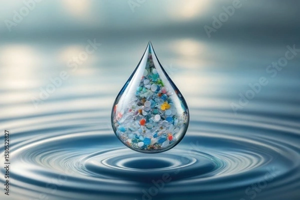 Fototapeta Microplastic Pollution Water droplet with miniature plastic debris, highlighting environmental pollution and microplastics.
