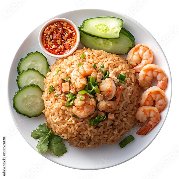 Fototapeta Fried rice with Shrimp paste, Thai style food isolated on a white background.