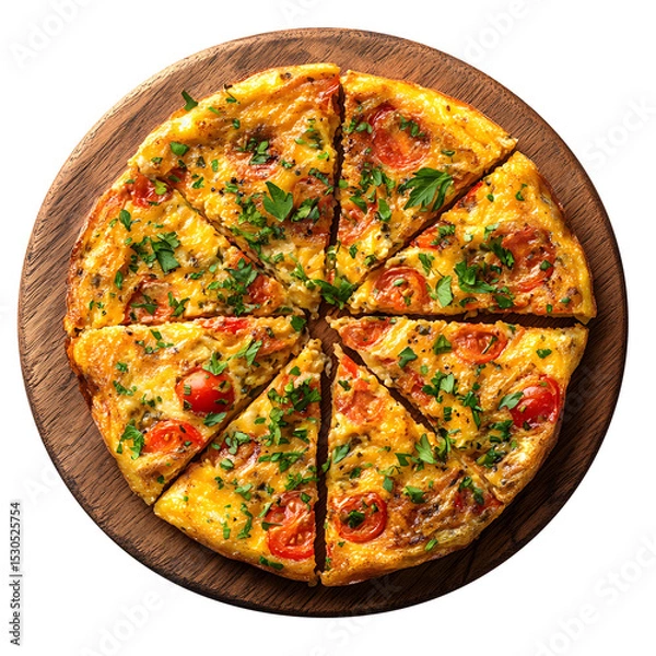 Fototapeta Frittata Frittata in a wooden plate close-up. Traditional Italian breakfast. Top view isolated on a white background