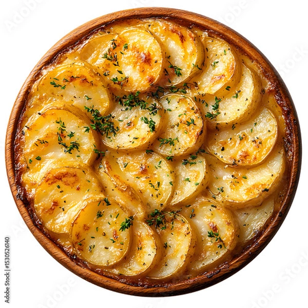 Fototapeta Front view of Gratin Dauphinois (potato gratin) with layers of thinly sliced potatoes baked in a creamy garlic-infused sauce isolated on a white background