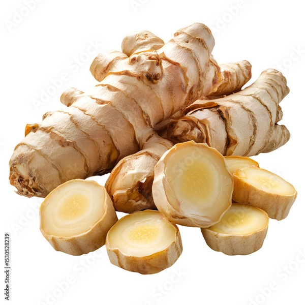 Fototapeta Galangal, a Thai herb, is used in cooking Tom Yum Kung and various curries for health. isolated on a white backgroun