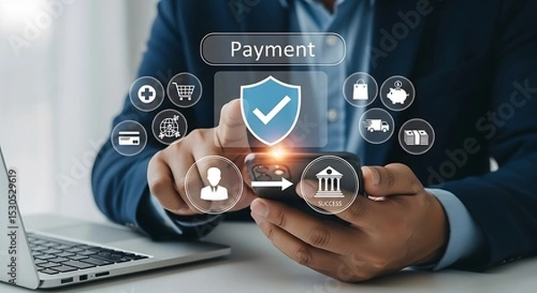 Fototapeta Secure mobile payment with credit card and online transaction process