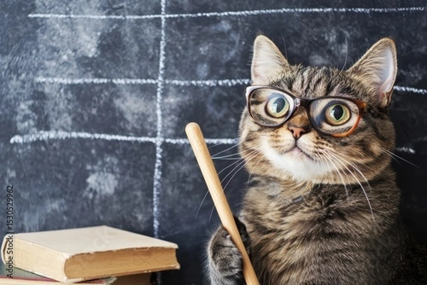 Obraz Funny cat in glasses holding pointer stick in front of chalkboard, great for educational humor, school campaigns, or pet-themed illustrations