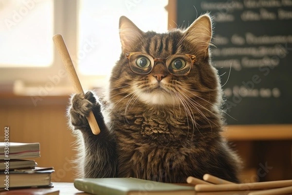Obraz Fluffy cat wearing glasses teaching at desk with sunlight, ideal for back-to-school promotions, pet product ads, or humorous editorial features