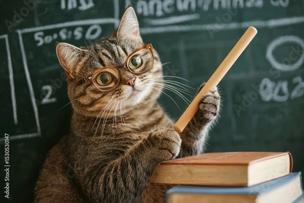 Obraz Tabby cat with glasses holding pointer in front of chalkboard, ideal for educational visuals, children’s materials, or back-to-school promotions