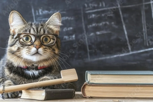 Obraz Cute cat wearing glasses holding stick in front of books and chalkboard, perfect for pet-themed campaigns, children’s books, or educational editorials