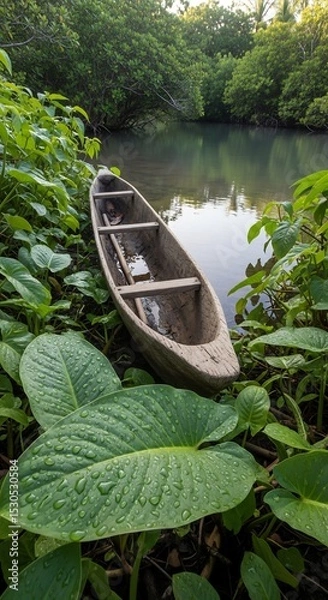 Fototapeta Tranquil Tropical River with Dugout Canoe and Lush Green Vegetation on Shore